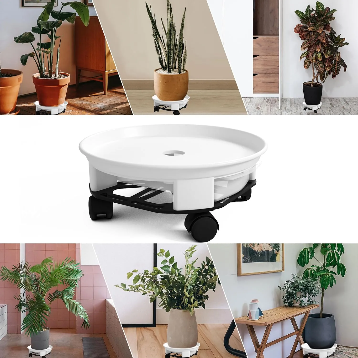 1 Pack 15" White Plant Caddy with Easy Moving Caster Wheels and a Water Container Round Movable Planter Dolly Trolley Tray Pallet Outdoor Indoor Tree Flower Stand Planter
