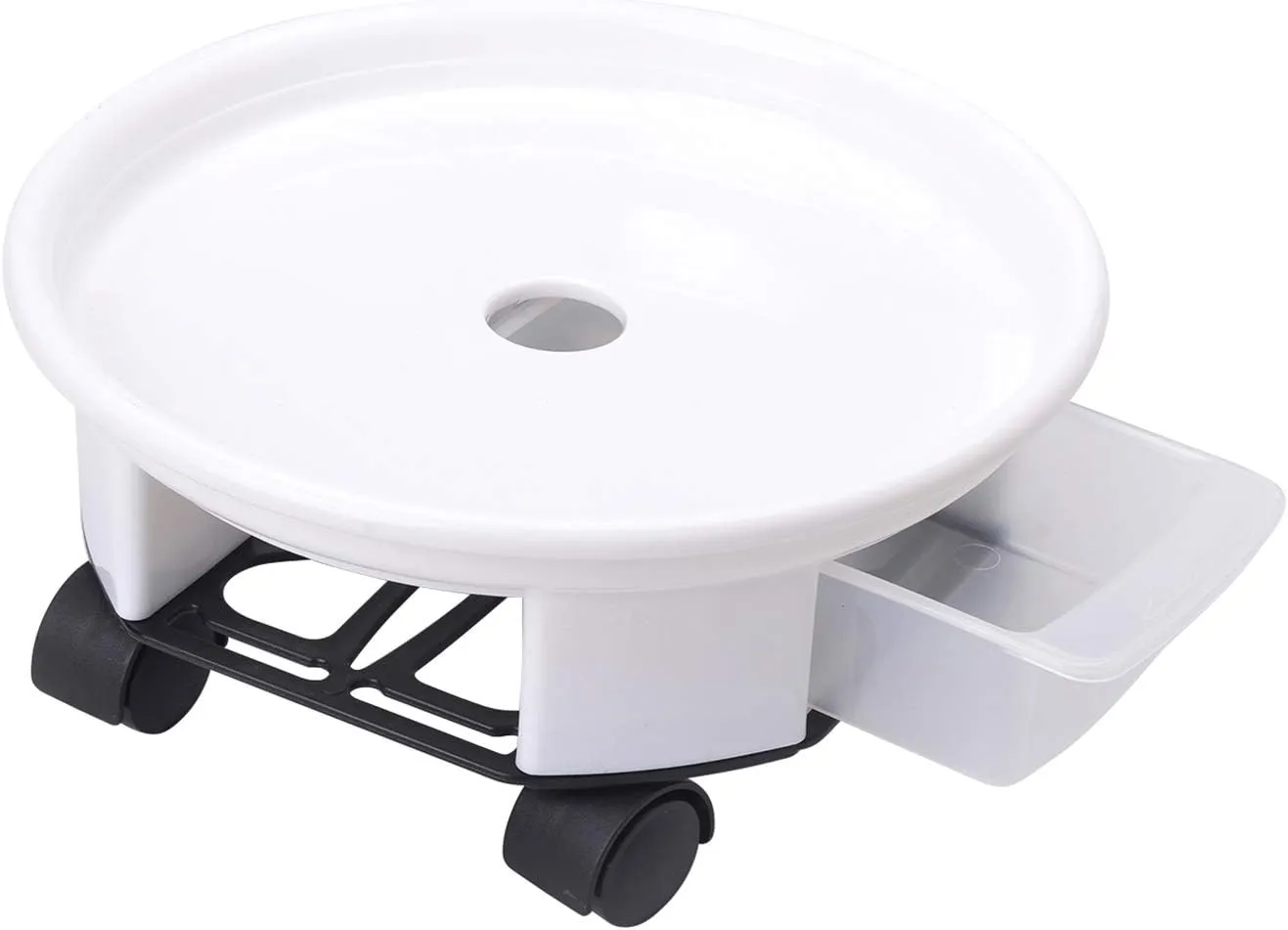1 Pack 15" White Plant Caddy with Easy Moving Caster Wheels and a Water Container Round Movable Planter Dolly Trolley Tray Pallet Outdoor Indoor Tree Flower Stand Planter