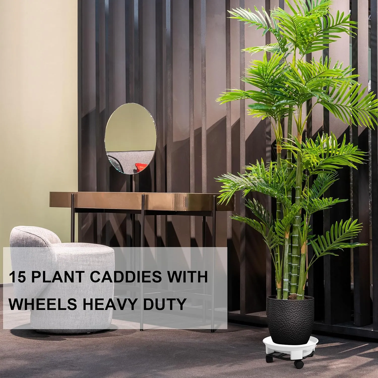 1 Pack 15" White Plant Caddy with Easy Moving Caster Wheels and a Water Container Round Movable Planter Dolly Trolley Tray Pallet Outdoor Indoor Tree Flower Stand Planter