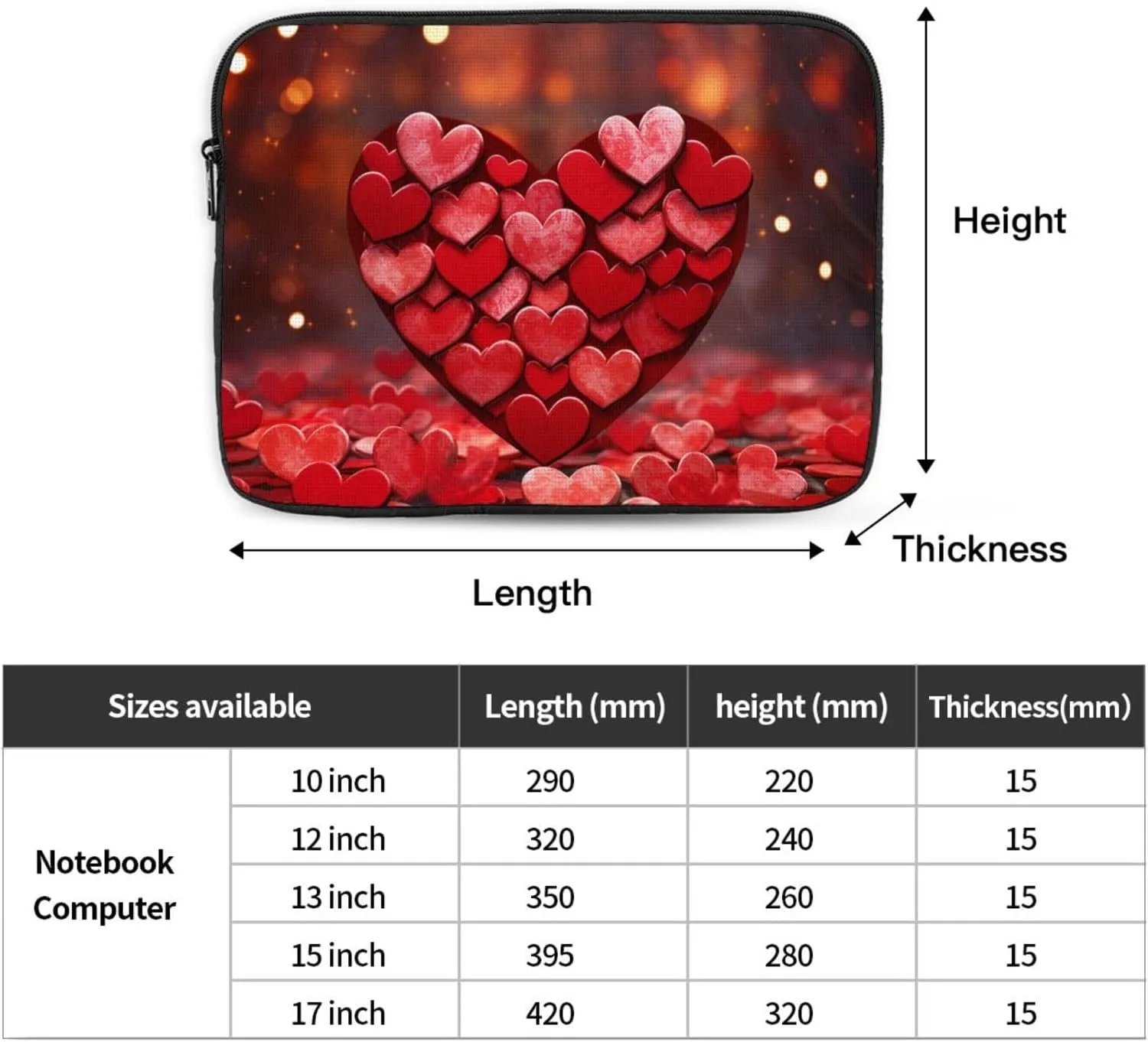 10 Inch Laptop Sleeve Bag Waterproof Shockproof Laptop Case Bag Red Hearts Love Computer Skin Bags Lightweight Tablet Carrying Case
