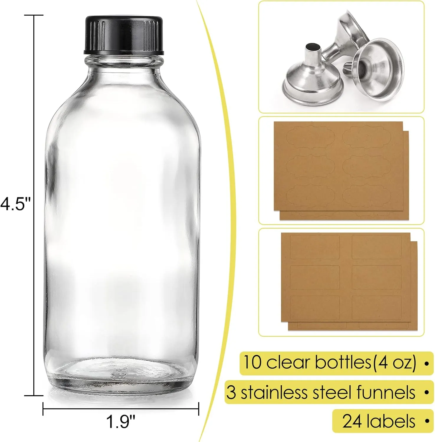 10 Pack, 4 oz Small Clear Glass Bottles w/ Lids & 3 Stainless Steel Funnel - 120ml Boston Round Sample Bottle for Potion, Juice, Ginger Shot, Wellness, Oils, Whiskey, Liquids - Leakproof Travel Bottle