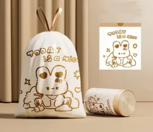 100 Count Drawstring Trash Bags,Cartoon Pattern Thickened Garbage Bags 19.7" x 17.7"Unscented Trash Bags for Kitchen, Bathroom, Office Waste Bin Liners (Brown)