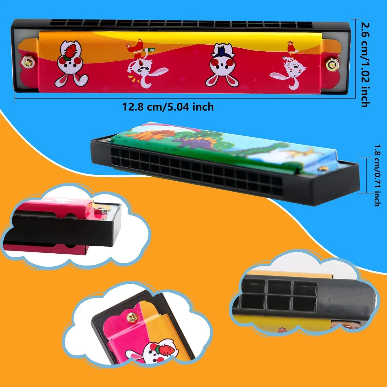 100 Pcs Kids Cartoon Harmonica Bulk 16 Holes Plastic Harmonica Toys for Children Beginners Party Goodie Bags Stuffers, Random Color Pattern