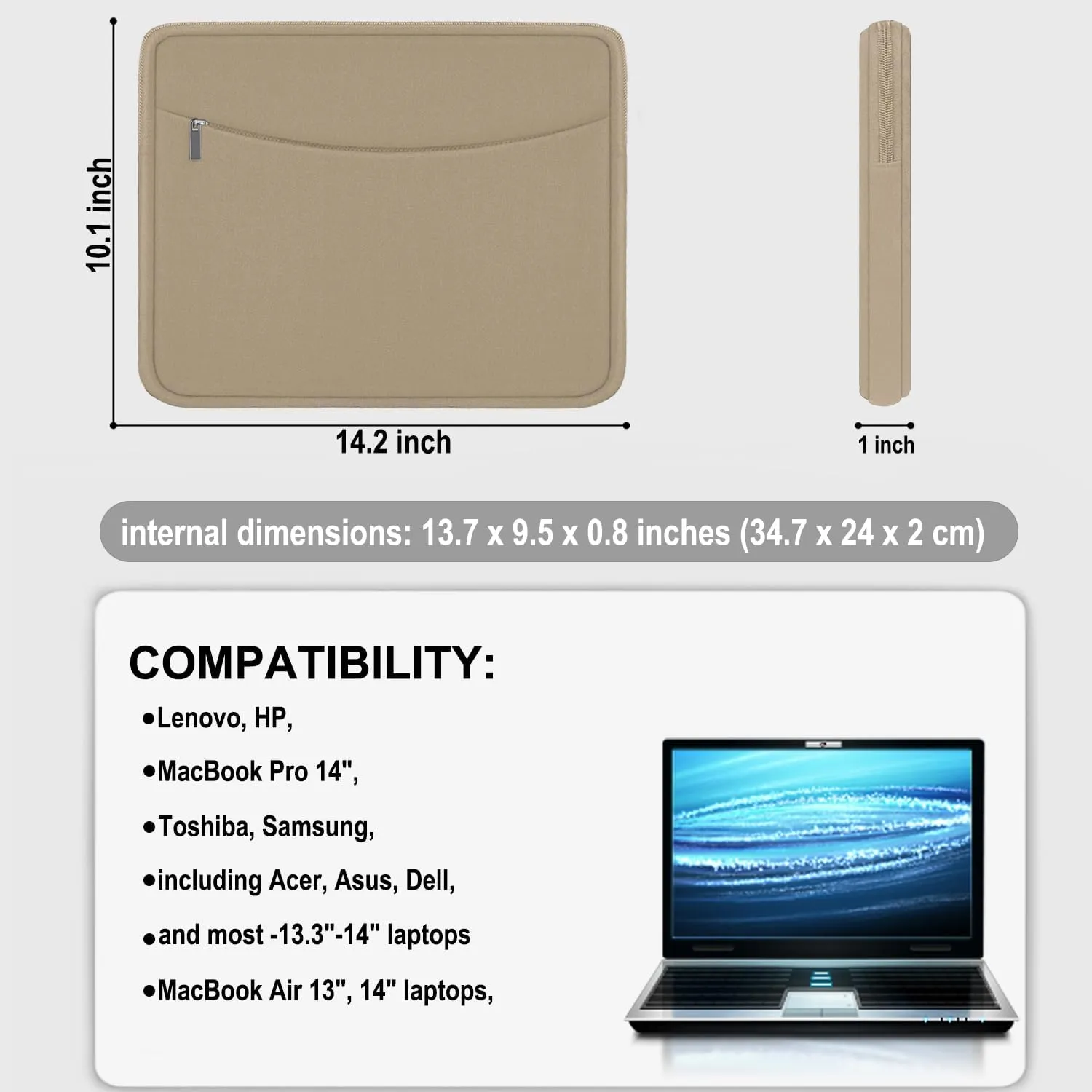 14 inch Laptop Case, Shockproof Protective Laptop Cover Briefcase Carrying Computer Bag with Accessory Pocket Portable Computer Sleeve for 14" MacBook, HP, Dell, Lenovo, Acer, Khaki