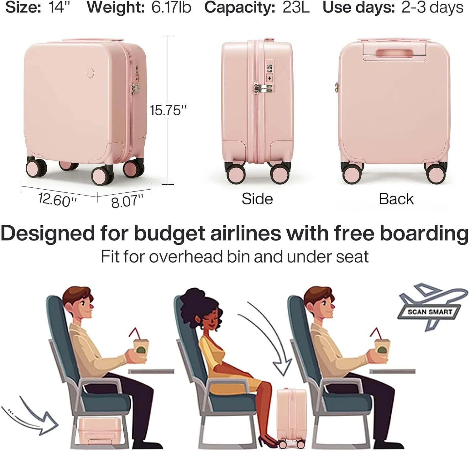 14 Inch Underseat Luggage Personal Item Carry on Suitcase, Mixi Spinner Wheels Pink Hardshell Lightweight Rolling Suitcases PC with Cover & TSA Lock for Short Travel
