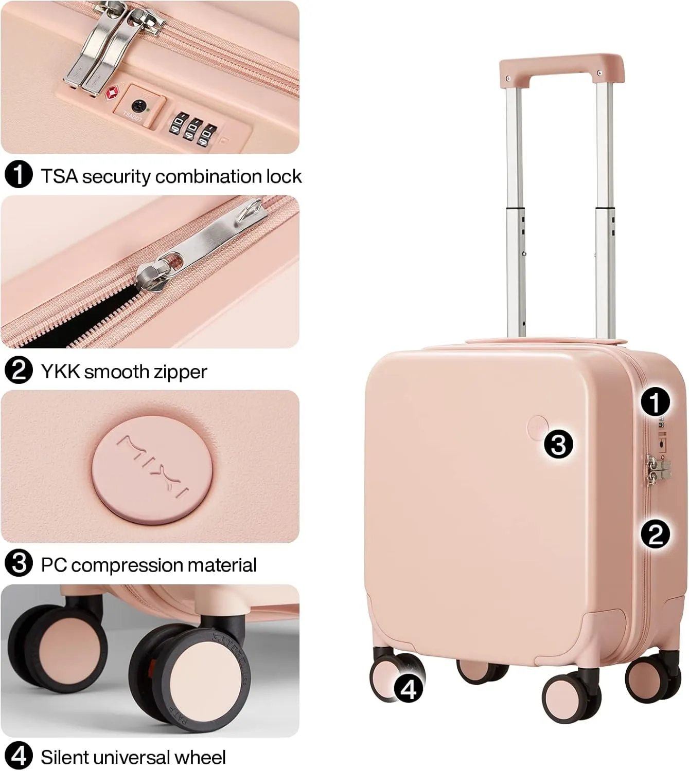 14 Inch Underseat Luggage Personal Item Carry on Suitcase, Mixi Spinner Wheels Pink Hardshell Lightweight Rolling Suitcases PC with Cover & TSA Lock for Short Travel