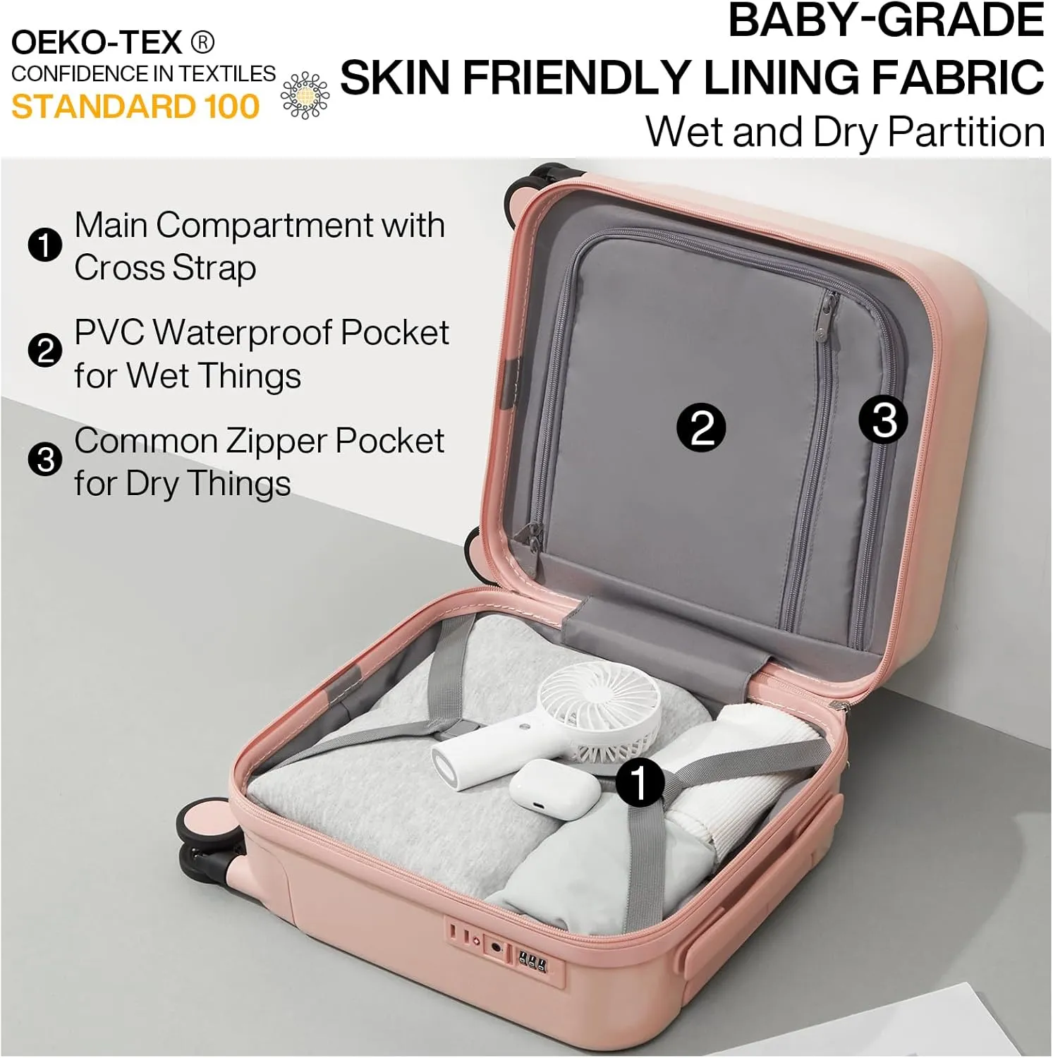 14 Inch Underseat Luggage Personal Item Carry on Suitcase, Mixi Spinner Wheels Pink Hardshell Lightweight Rolling Suitcases PC with Cover & TSA Lock for Short Travel