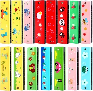 15 Pack Kids Wooden Harmonica - Cartoon Musical Instrument Toys for Beginners, Party Goodie Bags Stuffers, Random Color Pattern
