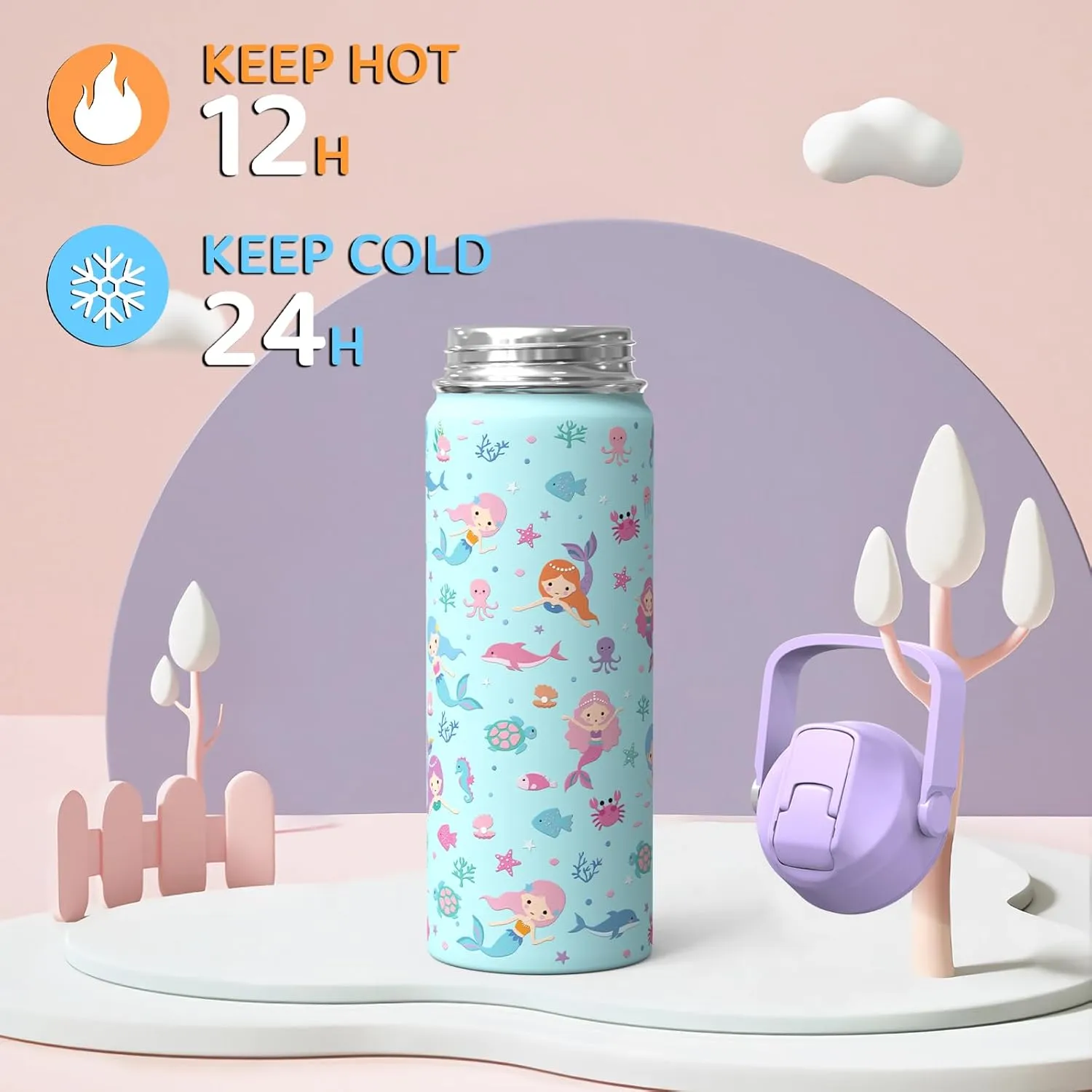 18oz Kids Insulated Water Bottle with Straw Lid - 18/8 Stainless Steel Kid Cup BPA-FREE Travel Tumbler Double Wall Vacuum Leak Proof Portable Toddler Water Bottle for School (Mermaid)