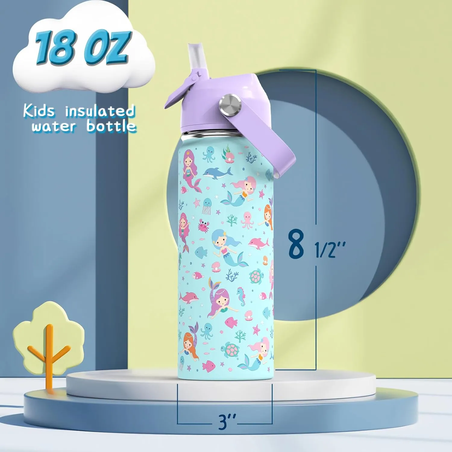 18oz Kids Insulated Water Bottle with Straw Lid - 18/8 Stainless Steel Kid Cup BPA-FREE Travel Tumbler Double Wall Vacuum Leak Proof Portable Toddler Water Bottle for School (Mermaid)