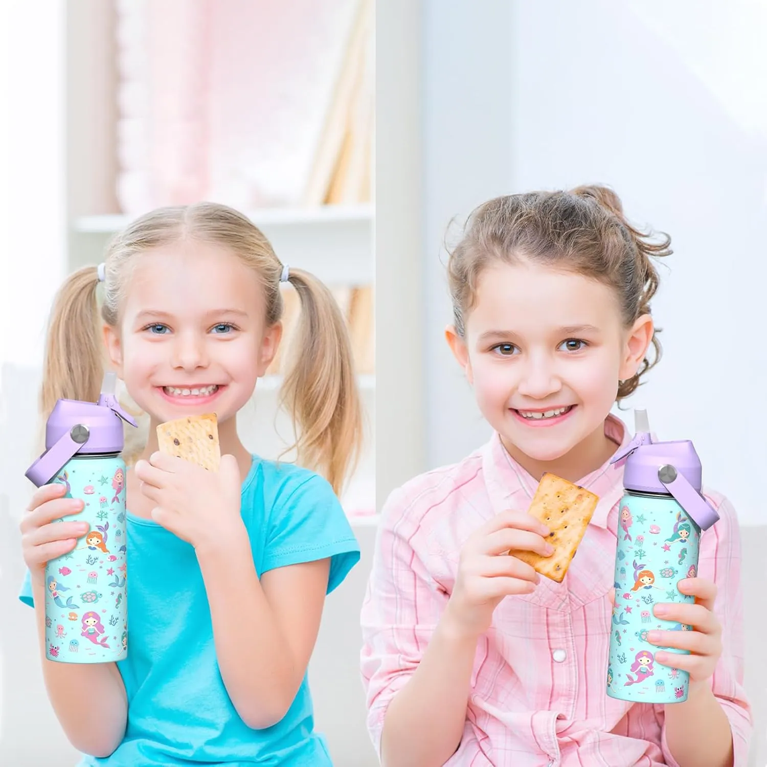 18oz Kids Insulated Water Bottle with Straw Lid - 18/8 Stainless Steel Kid Cup BPA-FREE Travel Tumbler Double Wall Vacuum Leak Proof Portable Toddler Water Bottle for School (Mermaid)