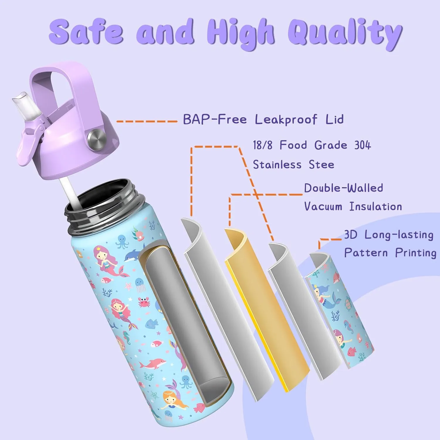 18oz Kids Insulated Water Bottle with Straw Lid - 18/8 Stainless Steel Kid Cup BPA-FREE Travel Tumbler Double Wall Vacuum Leak Proof Portable Toddler Water Bottle for School (Mermaid)