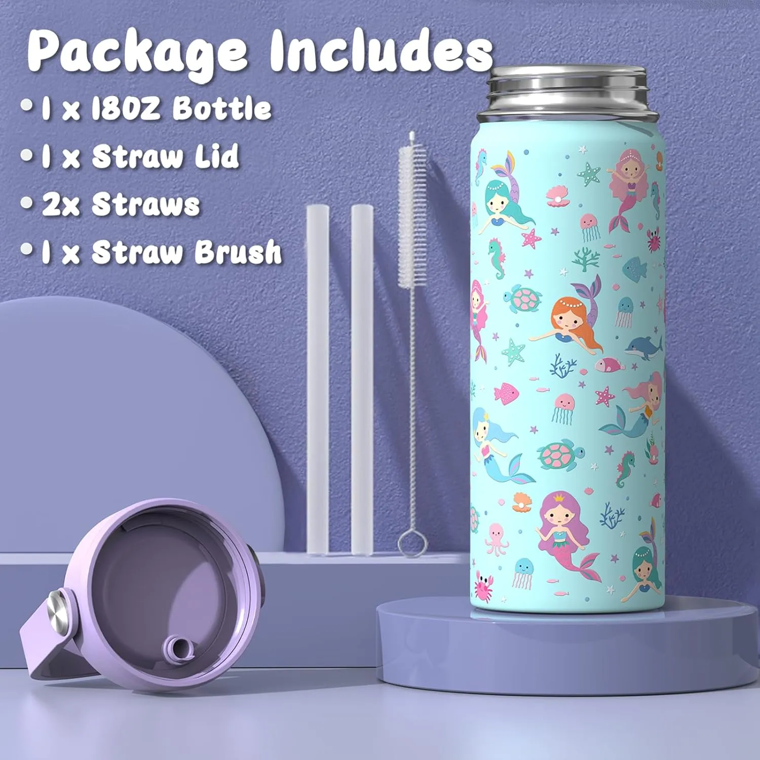 18oz Kids Insulated Water Bottle with Straw Lid - 18/8 Stainless Steel Kid Cup BPA-FREE Travel Tumbler Double Wall Vacuum Leak Proof Portable Toddler Water Bottle for School (Mermaid)