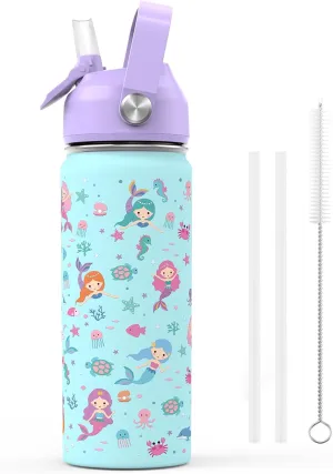 18oz Kids Insulated Water Bottle with Straw Lid - 18/8 Stainless Steel Kid Cup BPA-FREE Travel Tumbler Double Wall Vacuum Leak Proof Portable Toddler Water Bottle for School (Mermaid)