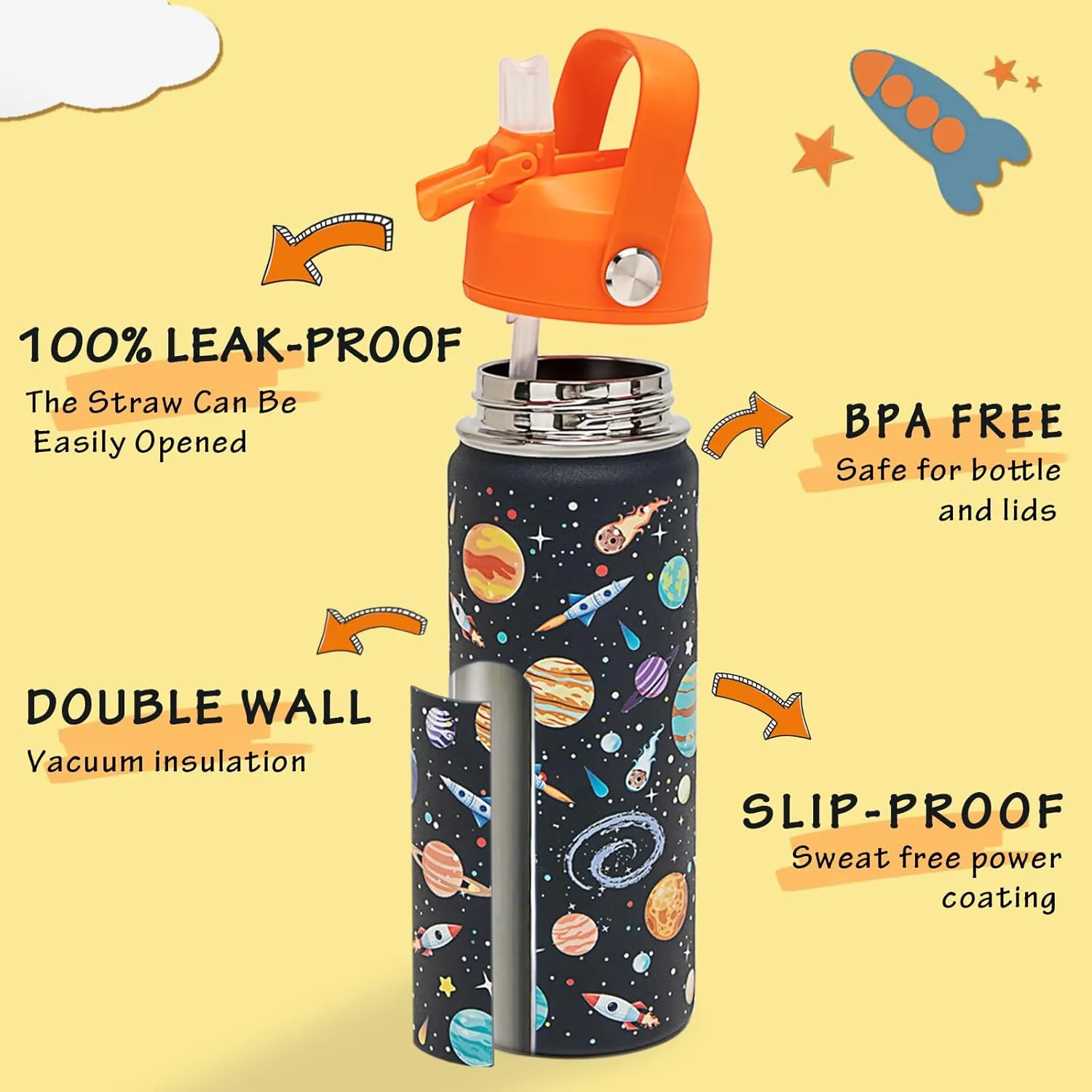 18oz Kids Insulated Water Bottle with Straw Lid - 18/8 Stainless Steel Kid Cup Travel Tumbler Double Wall Vacuum Leak Proof Portable Toddler Water Bottle (Game   Space)