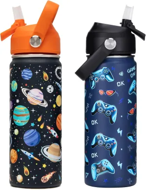 18oz Kids Insulated Water Bottle with Straw Lid - 18/8 Stainless Steel Kid Cup Travel Tumbler Double Wall Vacuum Leak Proof Portable Toddler Water Bottle (Game   Space)