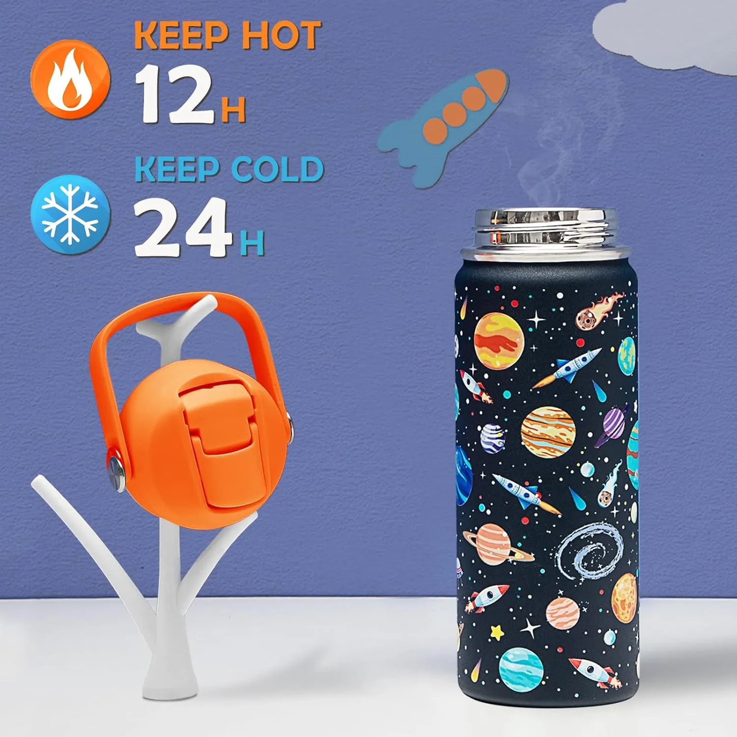 18oz Kids Insulated Water Bottle with Straw Lid - 18/8 Stainless Steel Kid Cup Travel Tumbler Double Wall Vacuum Leak Proof Portable Toddler Water Bottle (Game   Space)