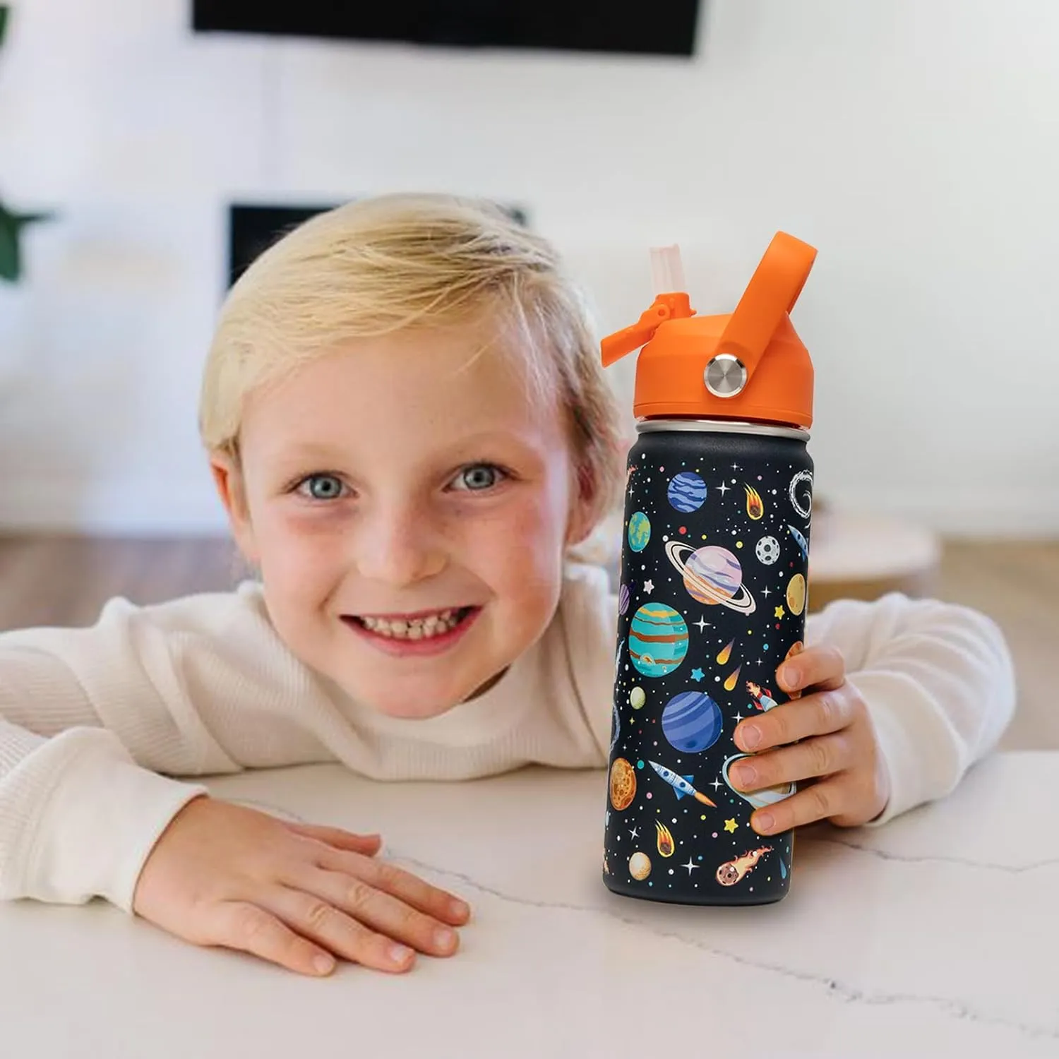 18oz Kids Insulated Water Bottle with Straw Lid - 18/8 Stainless Steel Kid Cup Travel Tumbler Double Wall Vacuum Leak Proof Portable Toddler Water Bottle (Game   Space)