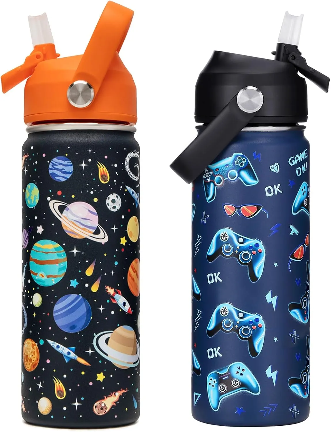 18oz Kids Insulated Water Bottle with Straw Lid - 18/8 Stainless Steel Kid Cup Travel Tumbler Double Wall Vacuum Leak Proof Portable Toddler Water Bottle (Game   Space)