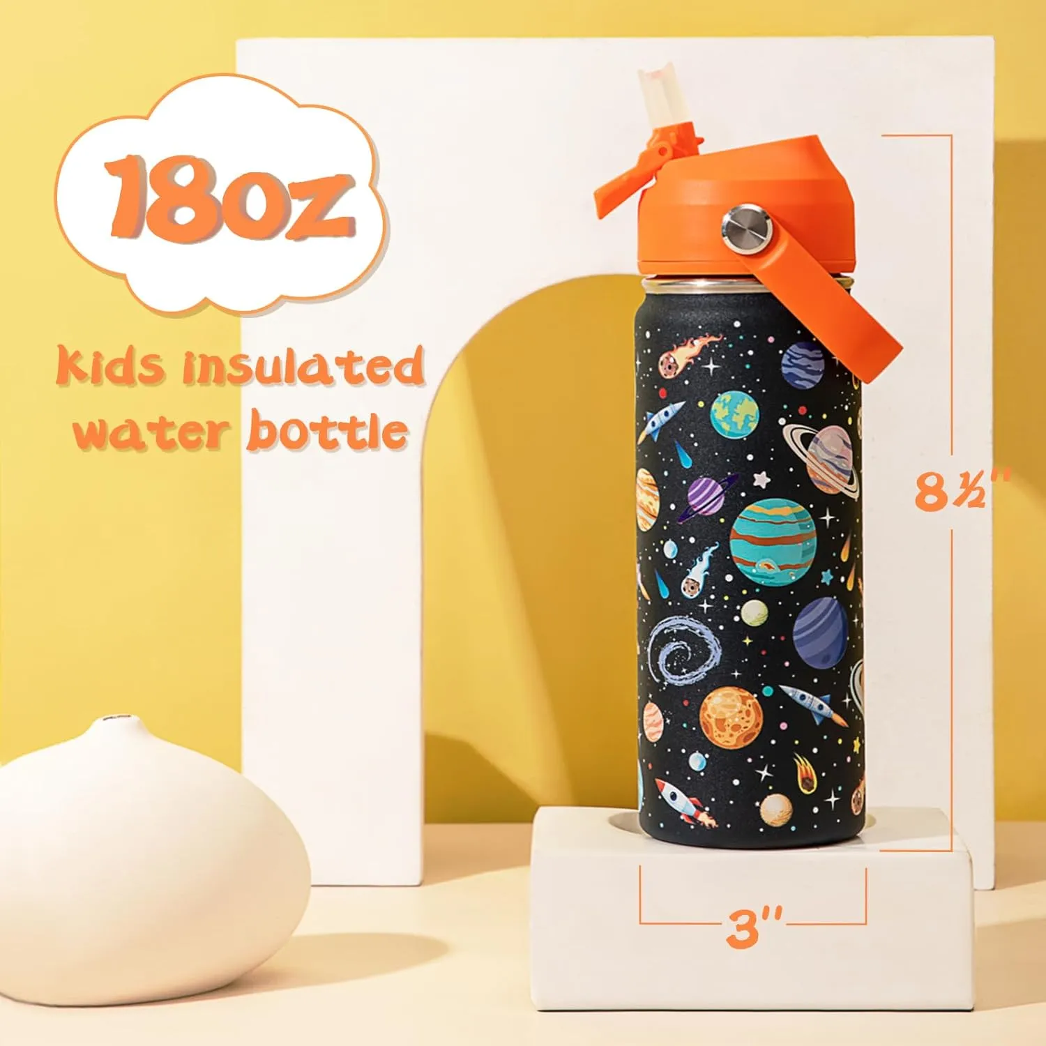 18oz Kids Insulated Water Bottle with Straw Lid - 18/8 Stainless Steel Kid Cup Travel Tumbler Double Wall Vacuum Leak Proof Portable Toddler Water Bottle (Game   Space)