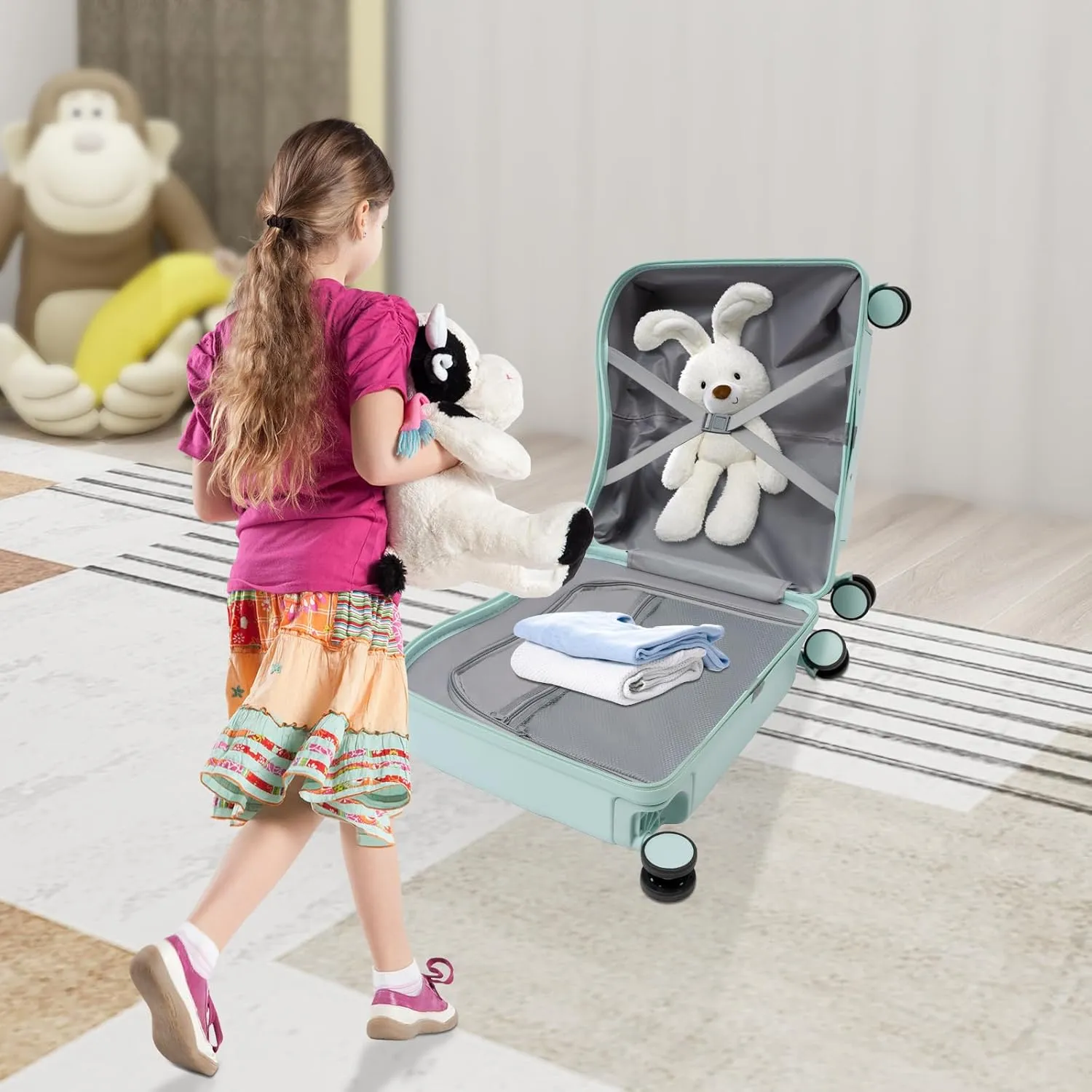 18" Kids Ride-on Travel Suitcase, Tollder Rolling Luggage Kids' Carry On Suitcase with Wheels, Children's Trolley Luggage for Aged 1-6 (Mint Green)