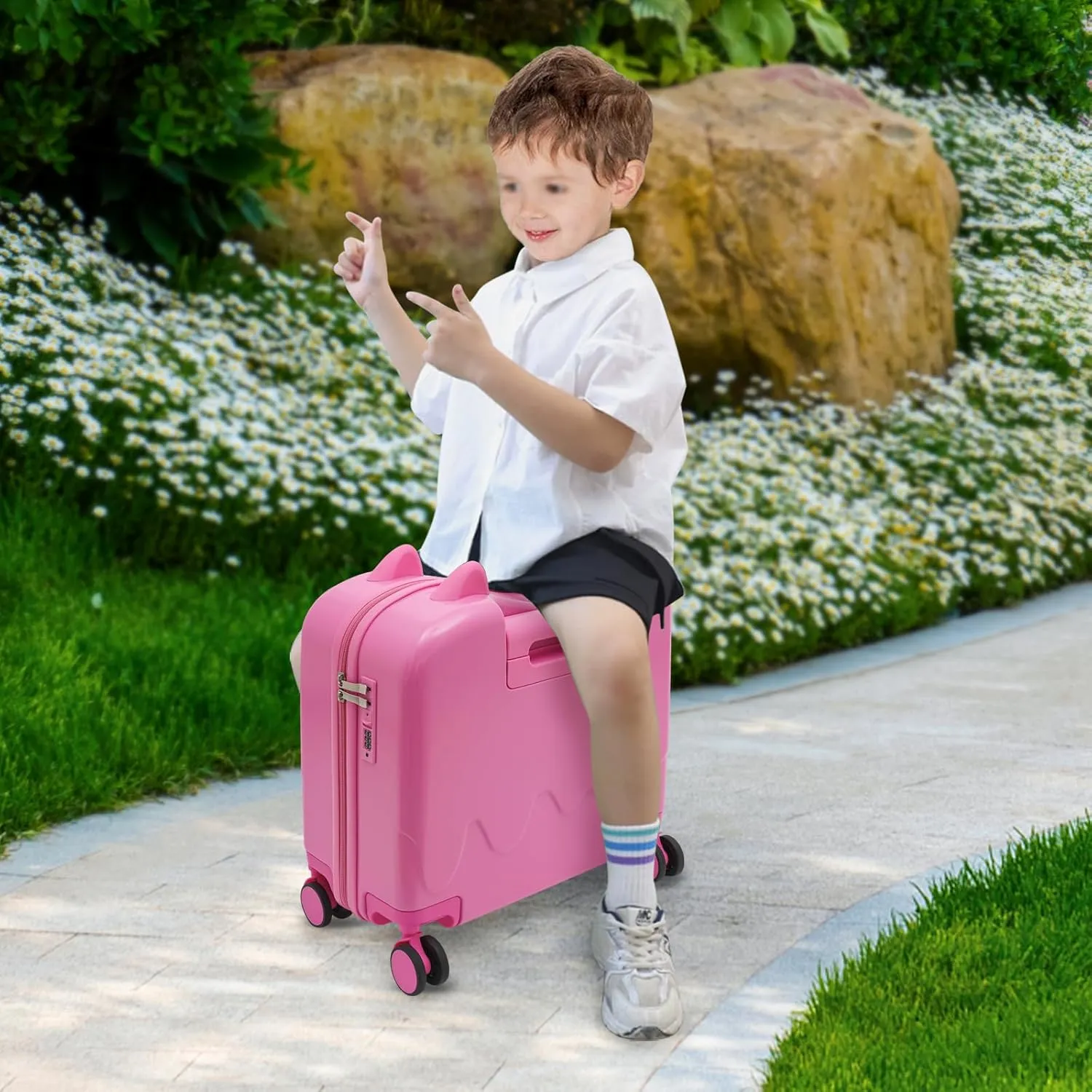 18" Kids Ride-on Travel Suitcase, Tollder Rolling Luggage Kids' Carry On Suitcase with Wheels, Children's Trolley Luggage for Aged 1-6 (Pink)
