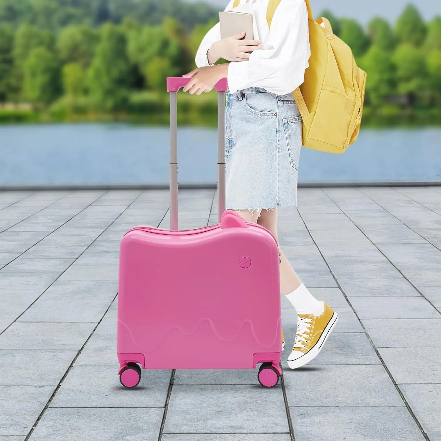 18" Kids Ride-on Travel Suitcase, Tollder Rolling Luggage Kids' Carry On Suitcase with Wheels, Children's Trolley Luggage for Aged 1-6 (Pink)