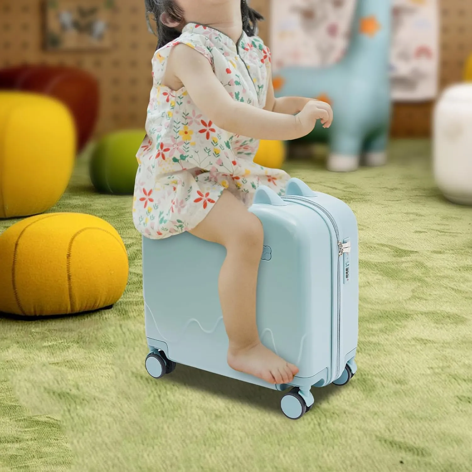 18" Kids Ride-on Travel Suitcase, Tollder Rolling Luggage Kids' Carry On Suitcase with Wheels, Children's Trolley Luggage for Aged 1-6 (Sky Blue)