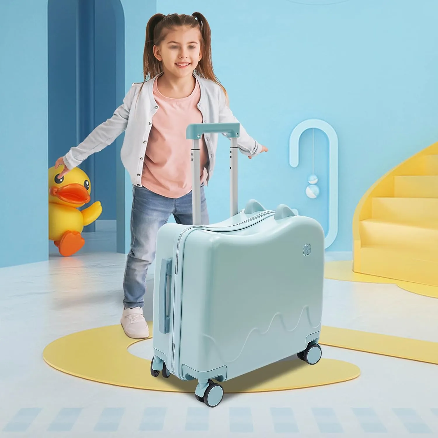 18" Kids Ride-on Travel Suitcase, Tollder Rolling Luggage Kids' Carry On Suitcase with Wheels, Children's Trolley Luggage for Aged 1-6 (Sky Blue)