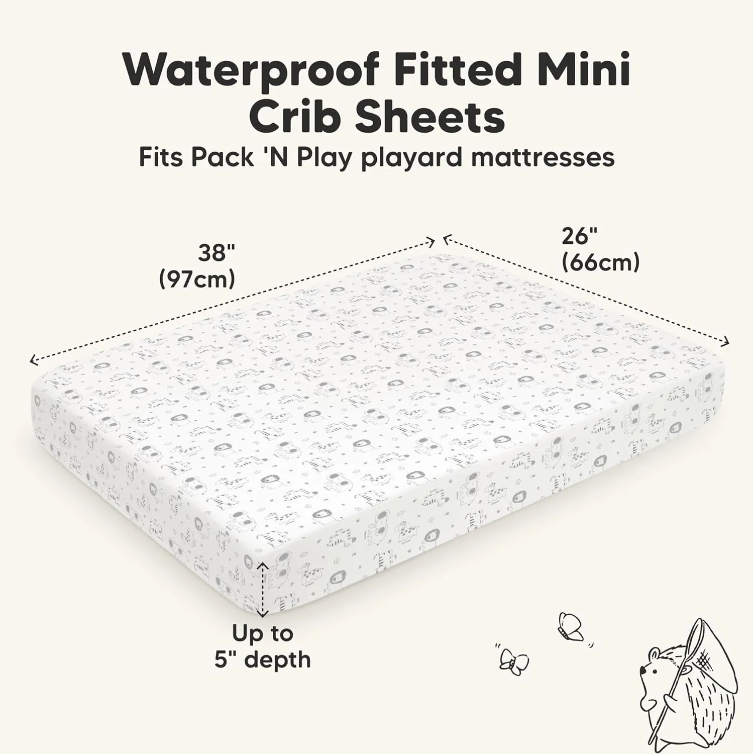 2-Pack Waterproof Pack and Play Sheets, Mini Crib Sheets Fitted for Boy, Girl - 38 x 26 Viscose from Bamboo Pack N Play Mattress Sheets for Graco, Toddler Playard Baby Crib Sheets Neutral (KeaSafari)