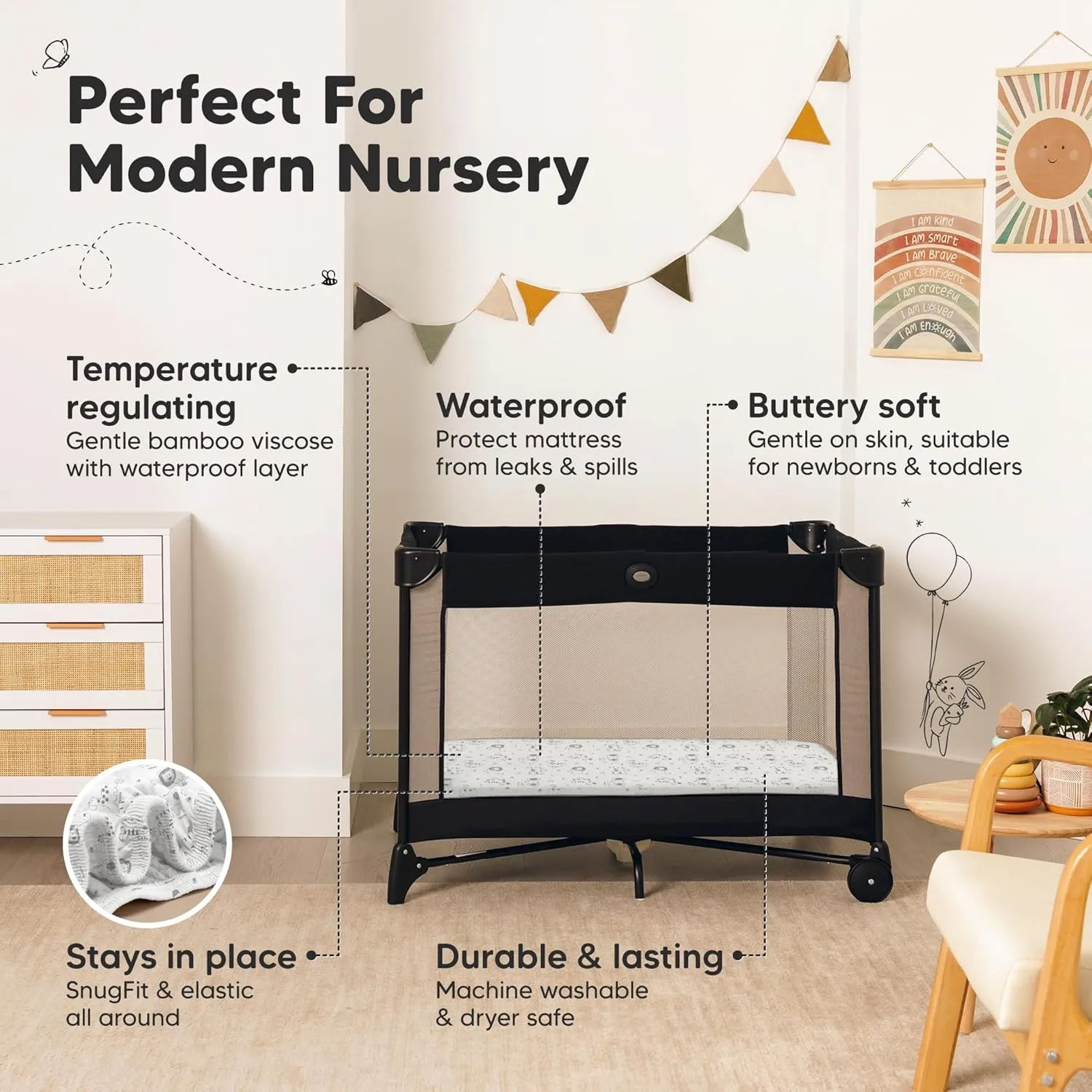 2-Pack Waterproof Pack and Play Sheets, Mini Crib Sheets Fitted for Boy, Girl - 38 x 26 Viscose from Bamboo Pack N Play Mattress Sheets for Graco, Toddler Playard Baby Crib Sheets Neutral (KeaSafari)