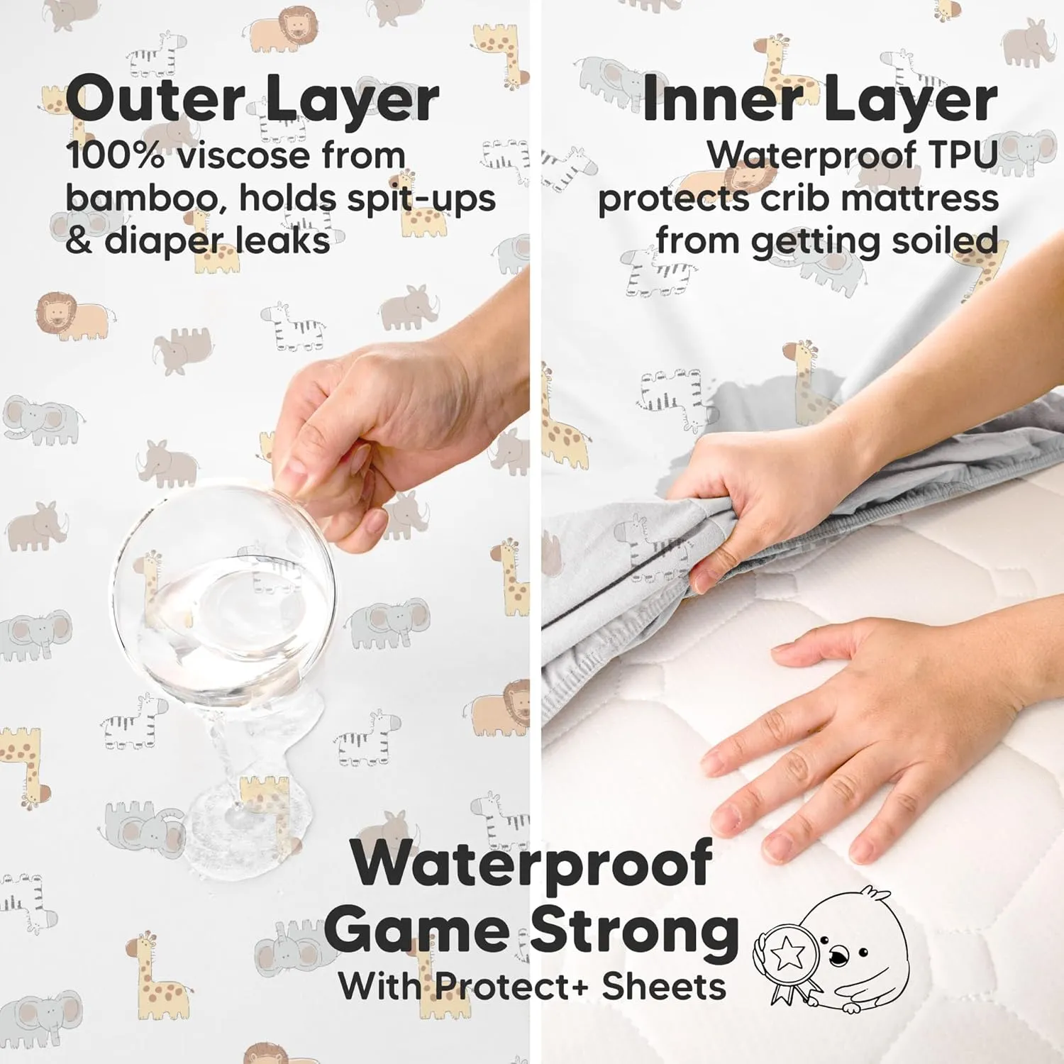 2-Pack Waterproof Pack and Play Sheets, Mini Crib Sheets Fitted for Boy, Girl - 38 x 26 Viscose from Bamboo Pack N Play Mattress Sheets for Graco, Toddler Playard Baby Crib Sheets Neutral (KeaSafari)