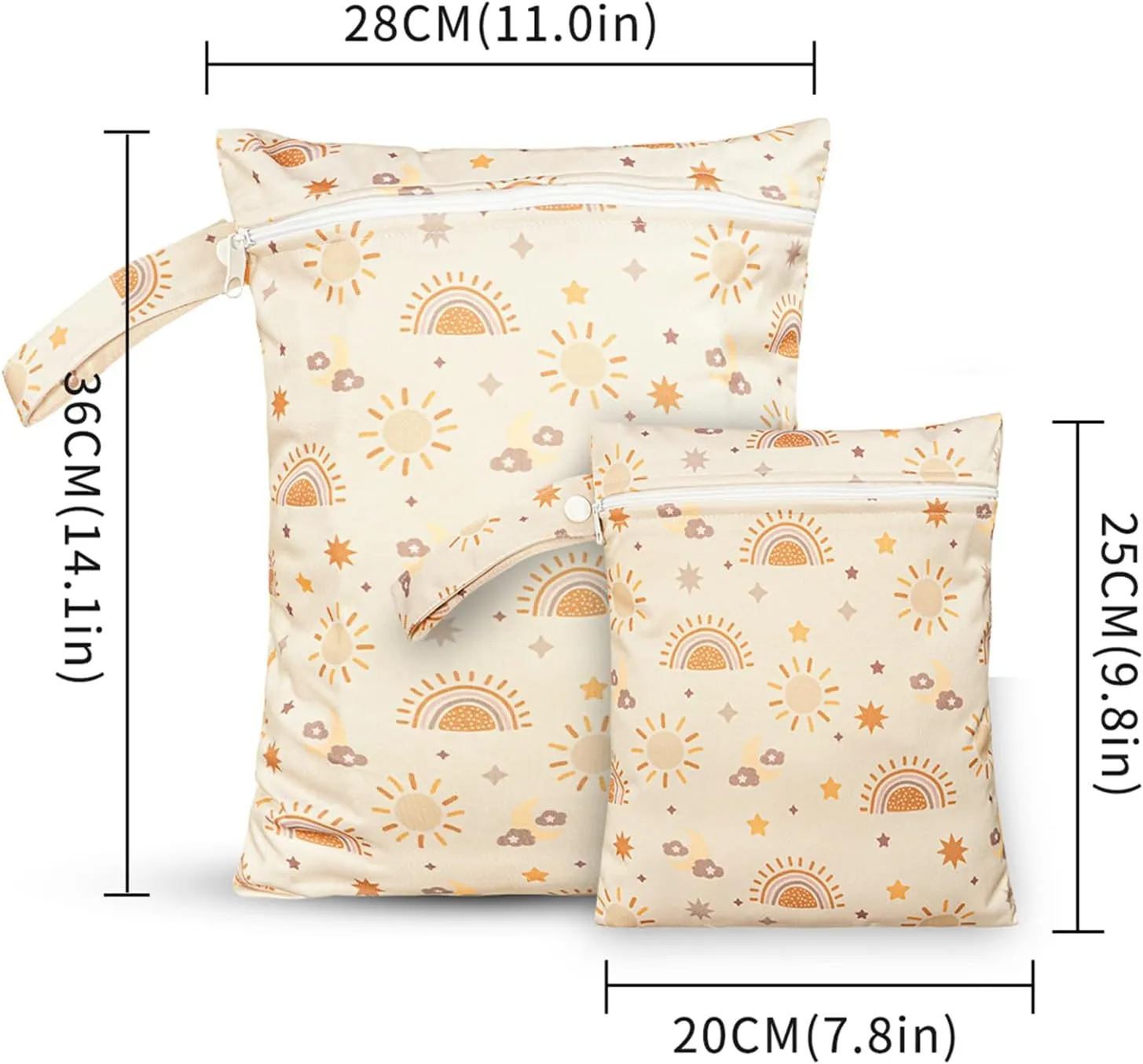 2 Pcs Wet Bags Waterproof Reusable Zippered Pocket Cloth Diaper Wet Dry Bags for Travel Beach Pool Swim, Baby Diapers,Gym Yoga Wet Clothes,Swimsuit,water wipes (Moon Star)