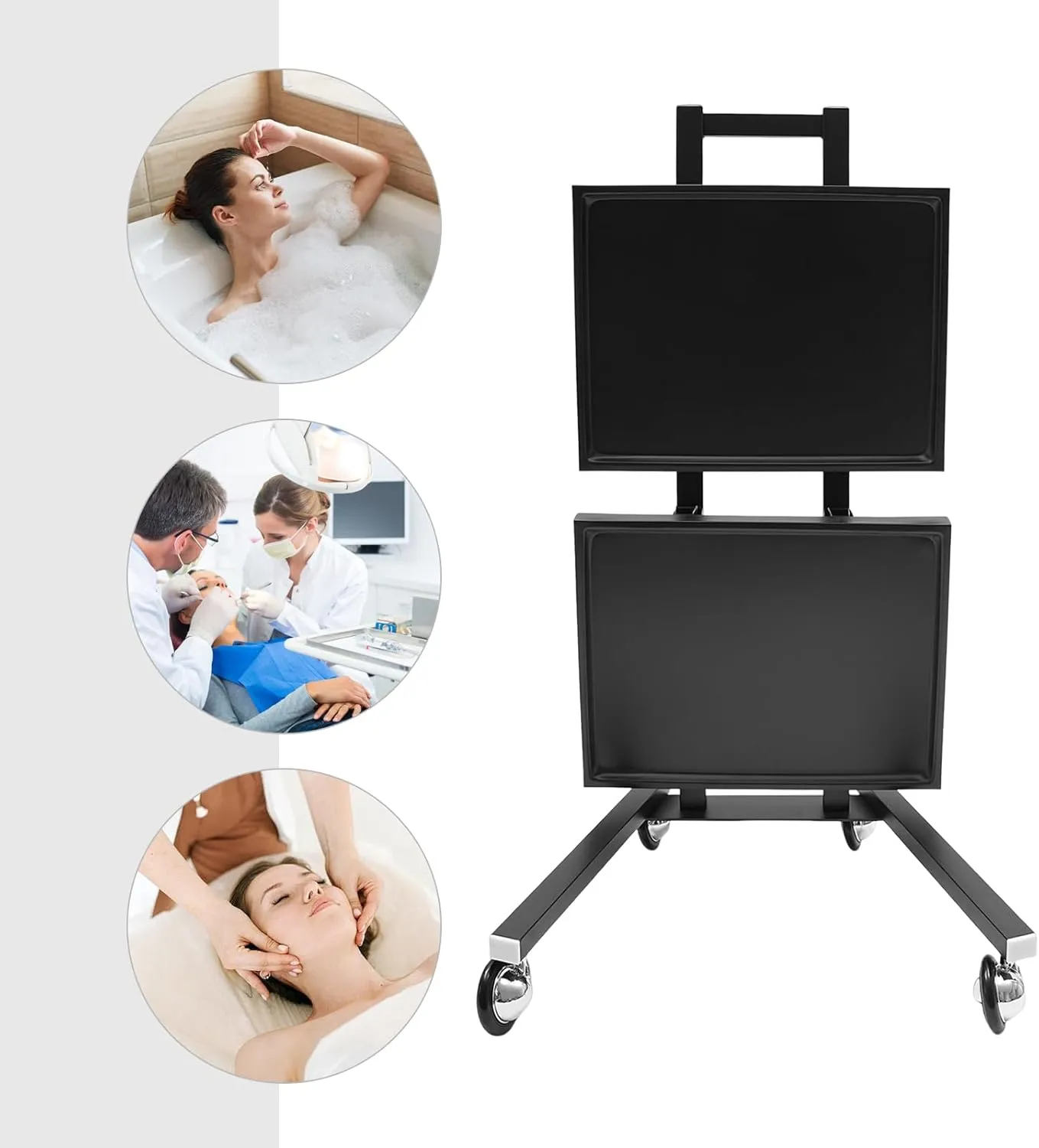 2 Tier Metal Rolling Cart, 34.3 Inch Salon Tray on Wheels, Folding Salon Tray Trolley