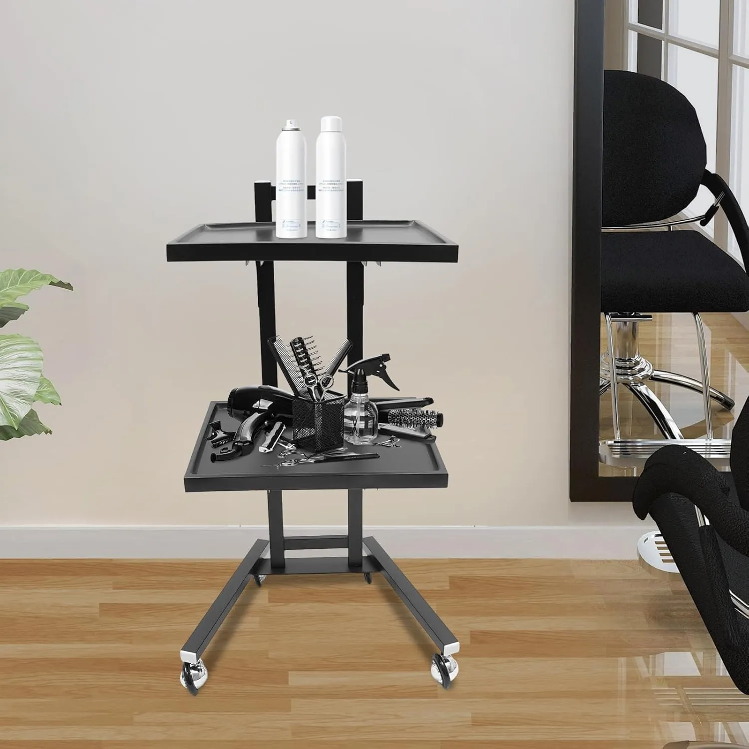 2 Tier Metal Rolling Cart, 34.3 Inch Salon Tray on Wheels, Folding Salon Tray Trolley