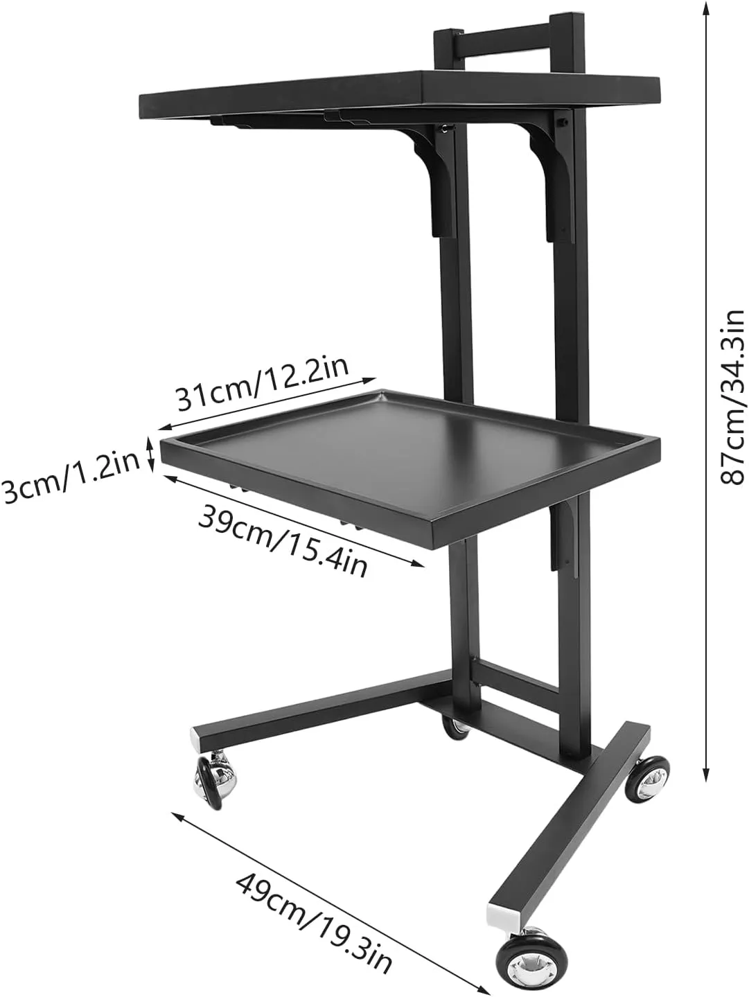 2 Tier Metal Rolling Cart, 34.3 Inch Salon Tray on Wheels, Folding Salon Tray Trolley