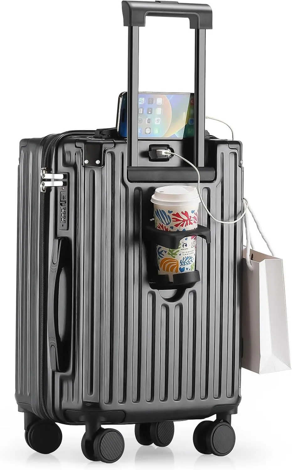 20 Inch Carry On Luggage With Cup Holder & USB Port, Airline Approved TSA-locked Luggage, Lightweight PC Material Travel Suitcase With 360° Spinner Wheel