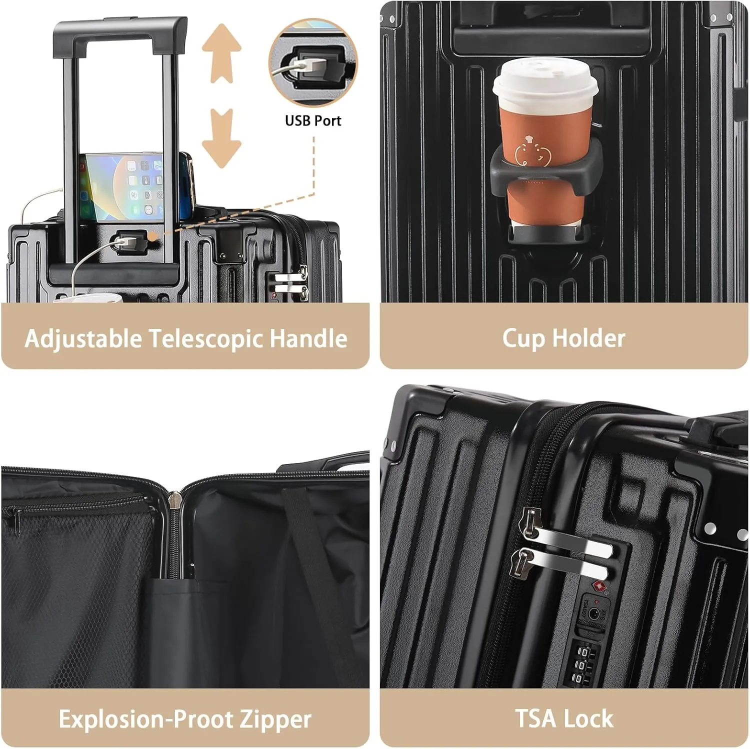 20 Inch Carry On Luggage With Cup Holder & USB Port, Airline Approved TSA-locked Luggage, Lightweight PC Material Travel Suitcase With 360° Spinner Wheel