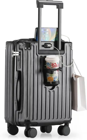 20 Inch Carry On Luggage With Cup Holder & USB Port, Airline Approved TSA-locked Luggage, Lightweight PC Material Travel Suitcase With 360° Spinner Wheel