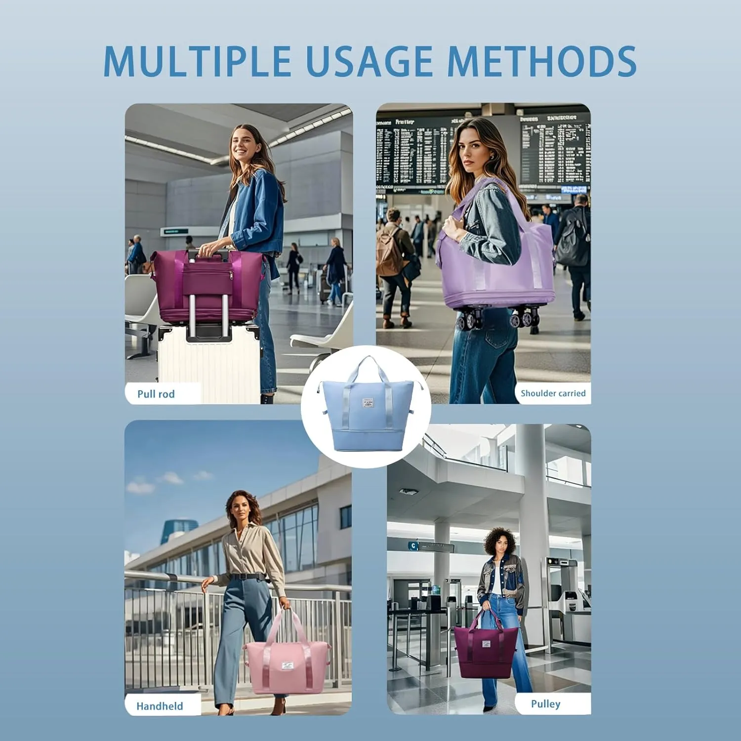 2025 New Large Capacity Travel Bag - Universal Wheel Removable,Rolling Duffle Bag with Wheels，Foldable Travel Bag, Light Blue, Non-wheeled