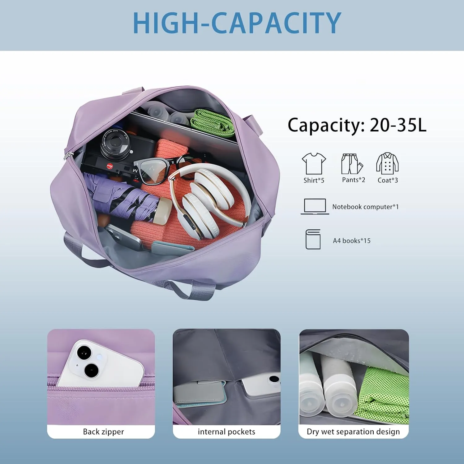 2025 New Large Capacity Travel Bag - Universal Wheel Removable,Rolling Duffle Bag with Wheels，Foldable Travel Bag, Light Blue, Non-wheeled