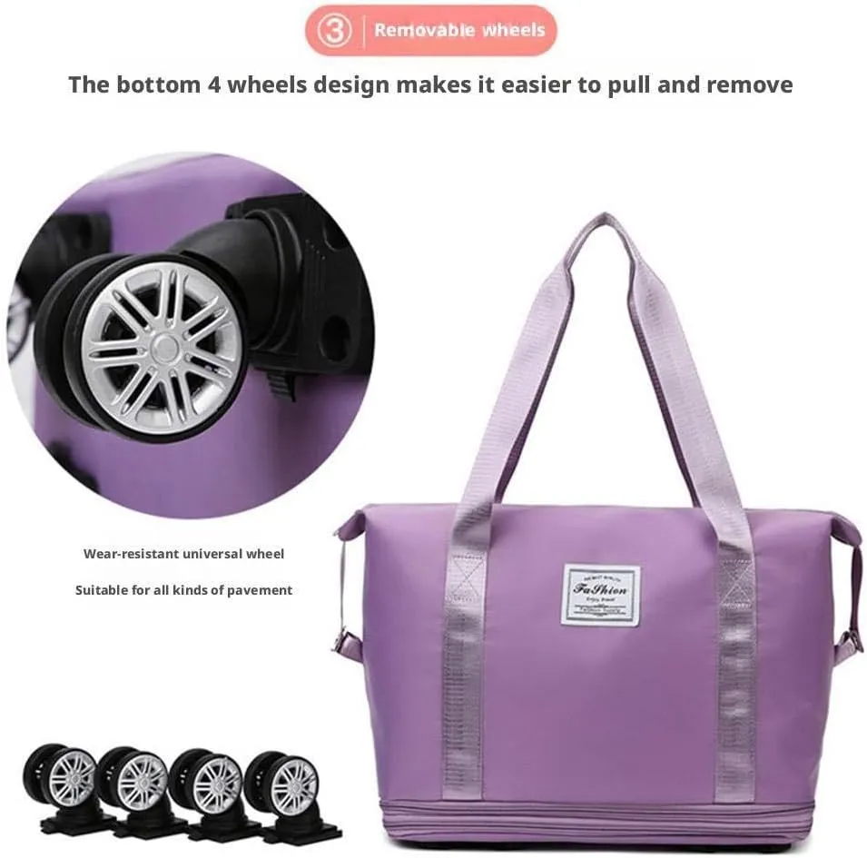 2025 New Large Capacity Travel Bag - Universal Wheel Removable,Travel Bag with Wheels,Foldable Dry Wet Separated Tote Bags with 360 Degrees Silent Universal Wheels,Weekender Overnight Bags