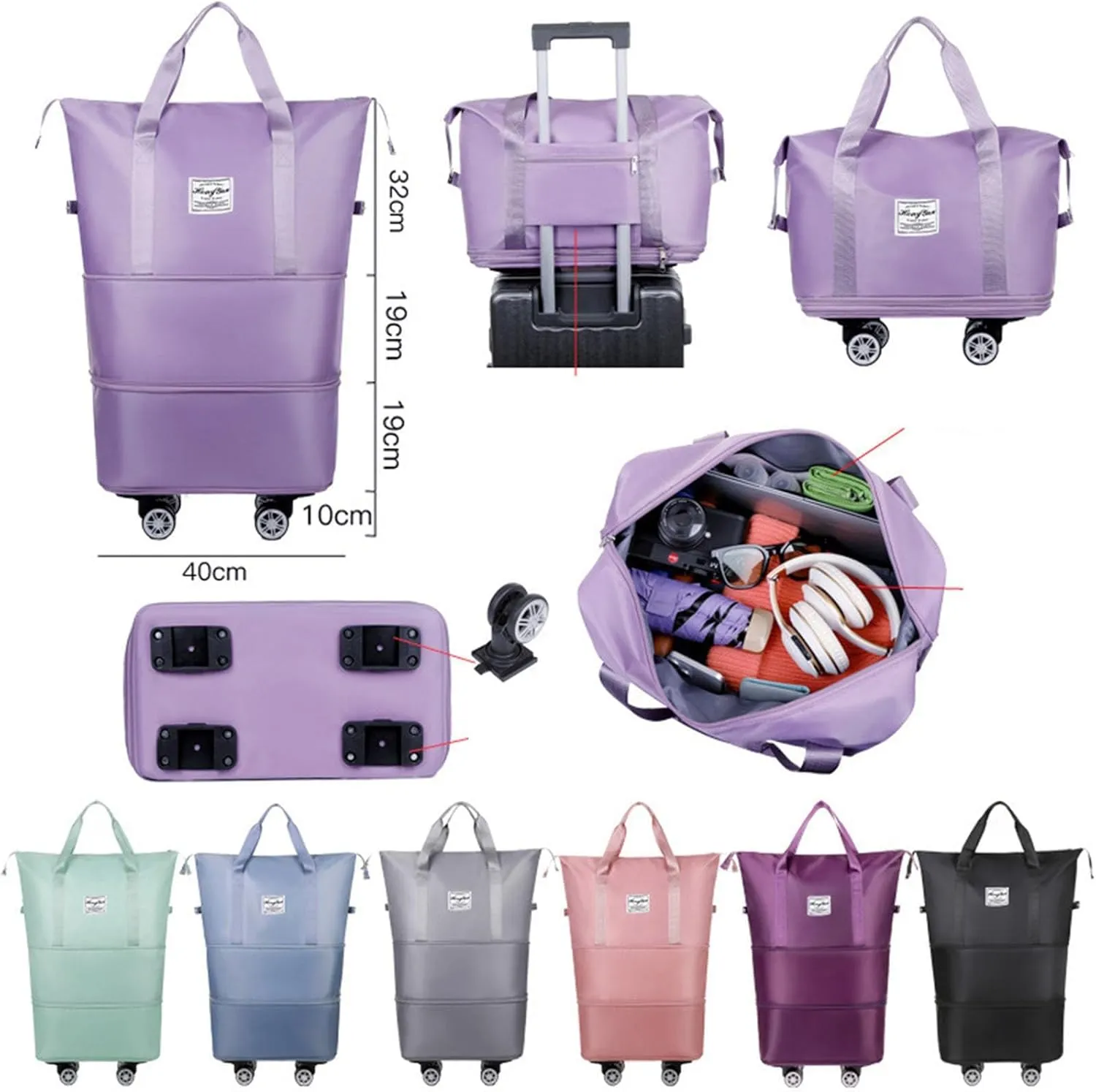 2025 New Travel Bag with Wheels, Large Capacity Travel Bag - Universal Wheel Removable, Expandable Foldable Duffle Bag, Large Capacity Wide-Open, Dry and Wet Separation (Grey)