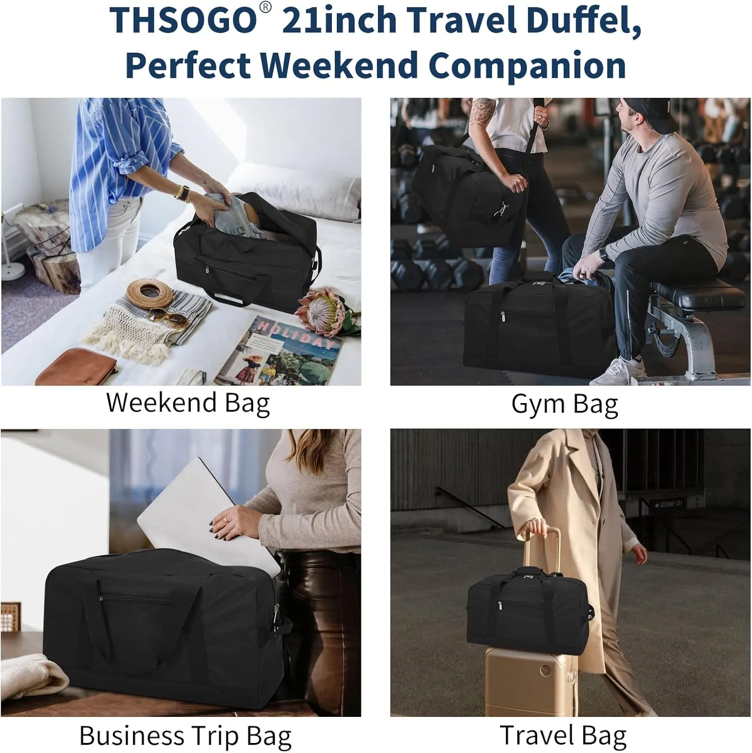 21 inch Gym Duffle Bag for Men - 40L Travel Duffel Bag with Bottom Support (Black)