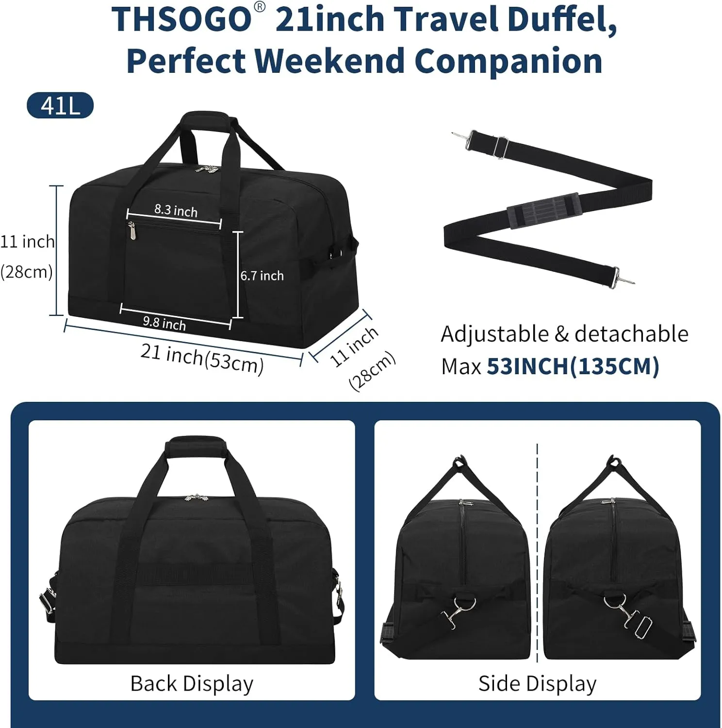 21 inch Gym Duffle Bag for Men - 40L Travel Duffel Bag with Bottom Support (Black)
