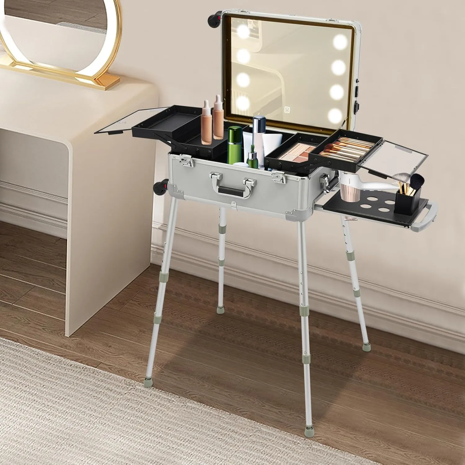 21'' Rolling Makeup Case, Cosmetic Organizer Case on Wheels with LED Light Professional Makeup Suitcase 3 Color Light, Portable Rolling Makeup Station Silver