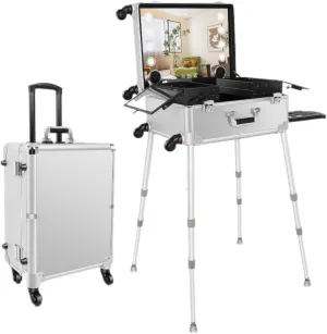 21'' Rolling Makeup Case, Cosmetic Organizer Case on Wheels with LED Light Professional Makeup Suitcase 3 Color Light, Portable Rolling Makeup Station Silver