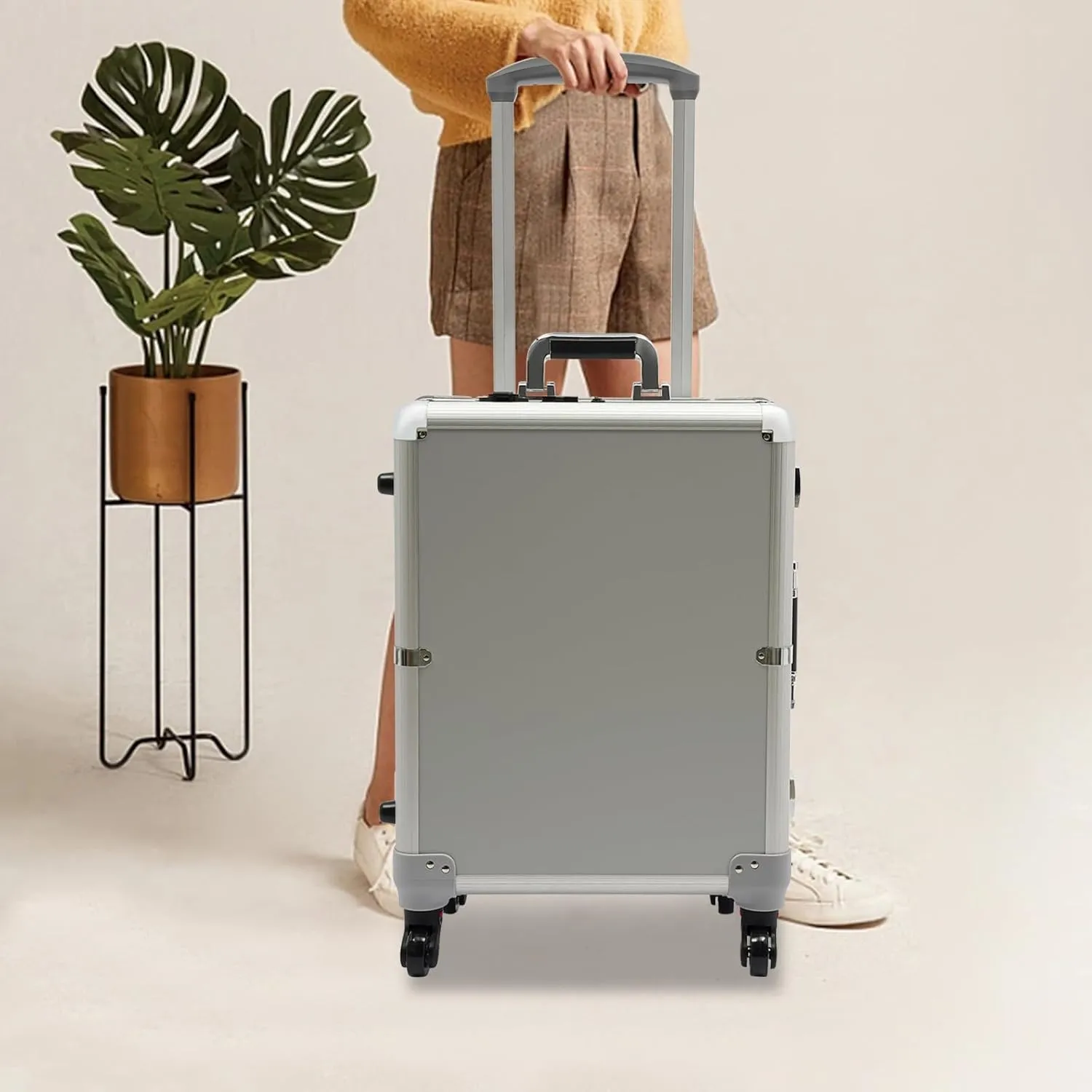 21'' Rolling Makeup Case, Cosmetic Organizer Case on Wheels with LED Light Professional Makeup Suitcase 3 Color Light, Portable Rolling Makeup Station Silver