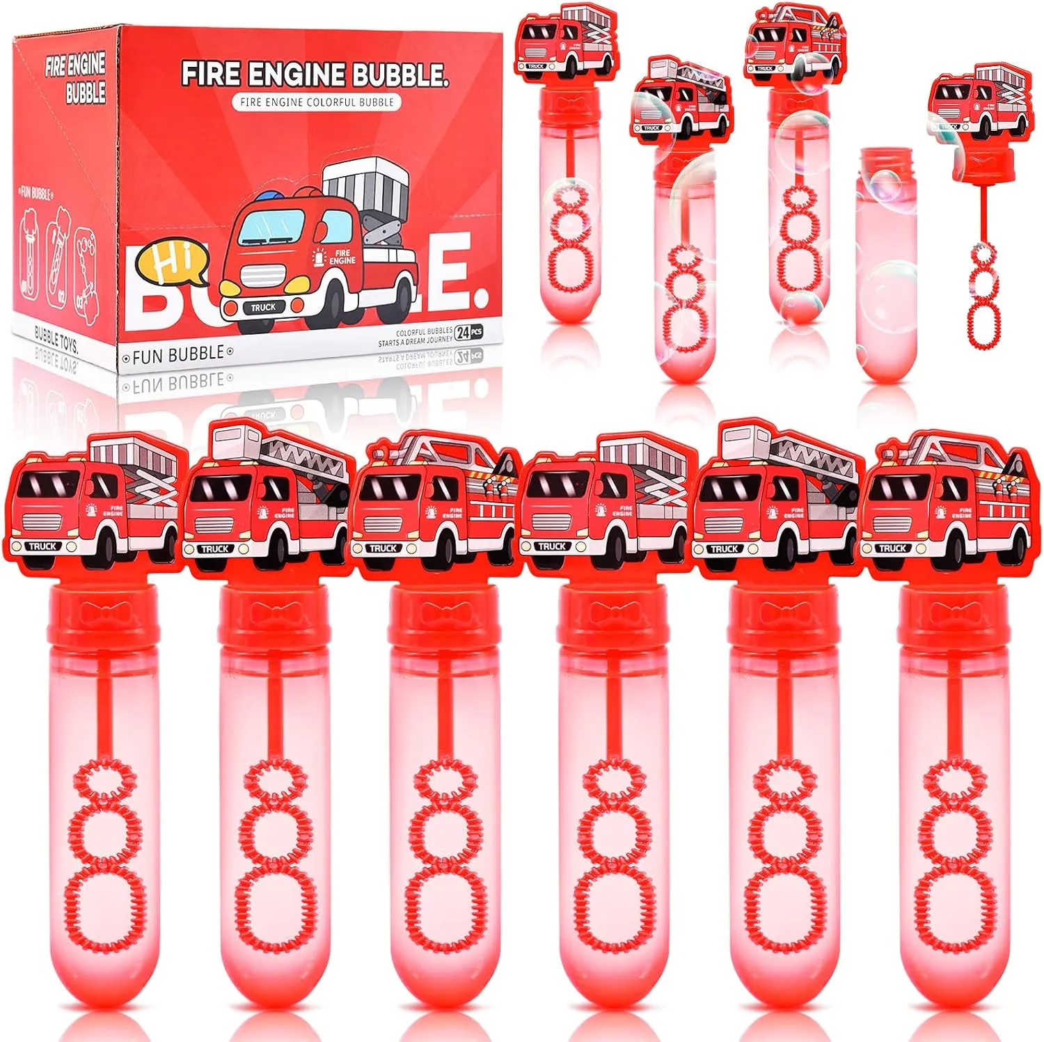 24 Pack Fire Truck Bubble Wands for Kids - Large Cartoon Fire Engine Bubbles Bulk with Refill Solution Toys for Firefighter Themed Party Favors, Goodie Bag Stuffers, Carnival, Boys Birthday Gifts