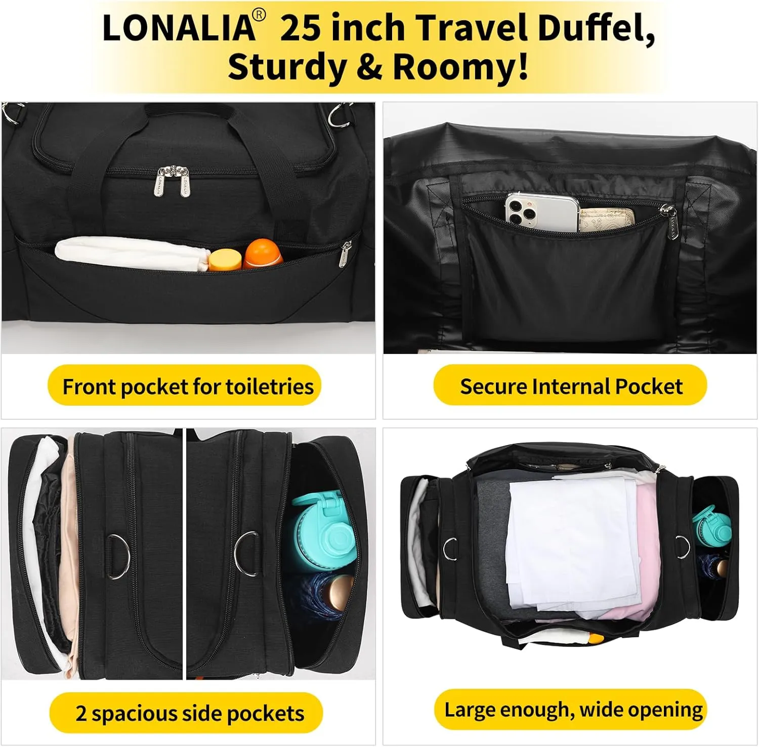 25 in Large Travel Duffel Bag for Men - 56L Roomy Weekender Bag with Trolley Sleeve (Black)